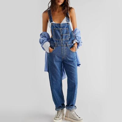 Womens  Denim Jumpsuits  Sleeveless Adjustable Strap Cross Back Cuffed Hem Rompers Pnats For Women