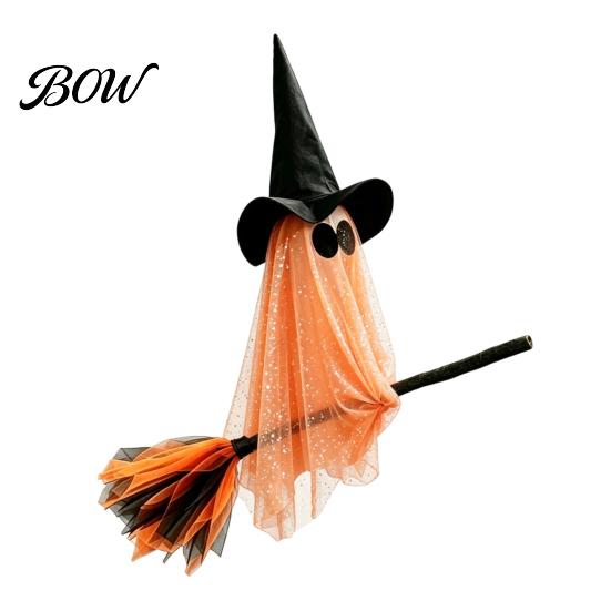 Indoor Haunted House Ceiling Decor Halloween Ghost Witch Broom Hanging Ornament, Spooky Hat Theme Room Layout Pendants for Outdoor Party Decoration