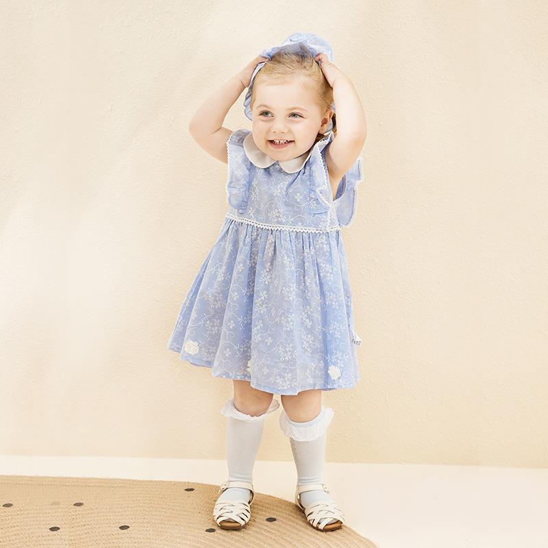 Wiosna i Lato Nowa Dziewczęca Świeża Niebieska Sukienka w Małe Kwiatki z Kapeluszem