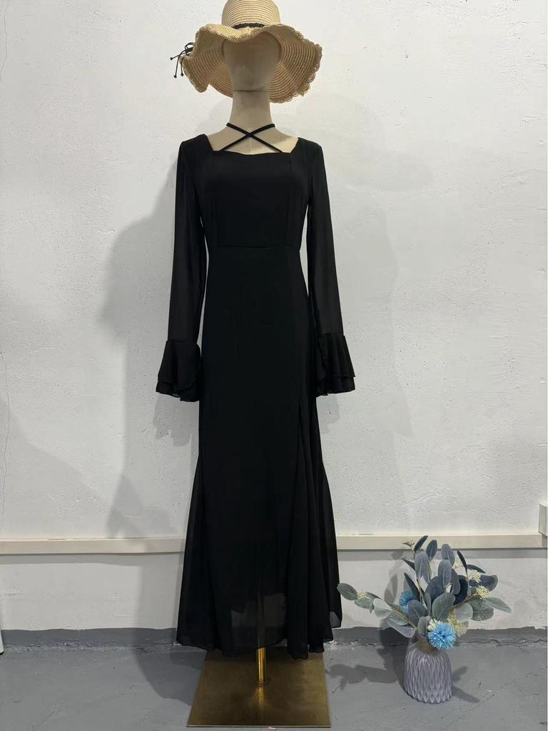 2024 Autumn Cross-border Elegant Chiffon Ruffle Tie-up Slimming Dress