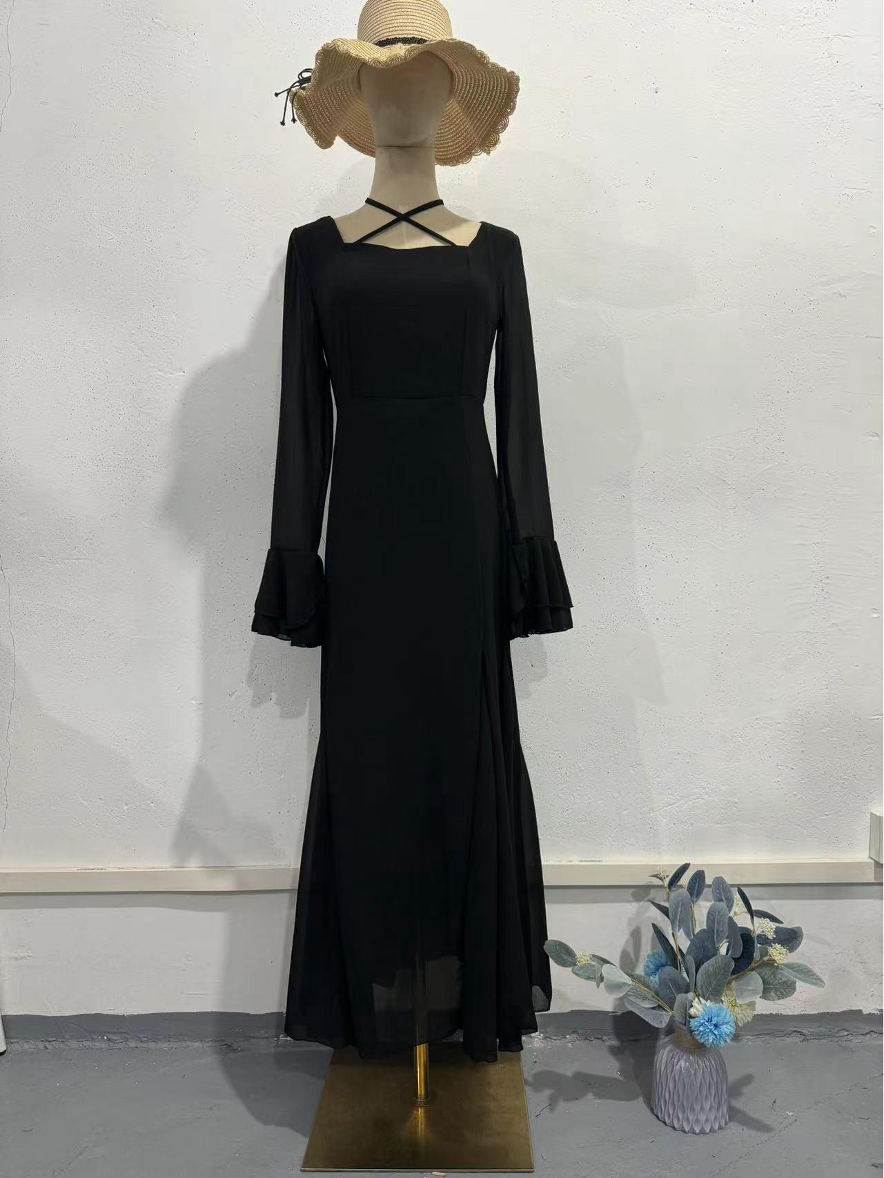 

2024 Осень Трансграничное Элегантное Шифоновое Платье с Воланами и Завязками, Стройнящее XXL чёрный