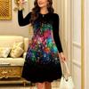 Women Long Sleeve Round Neck Midi Dress Vintage Watercolor Plum Blossom Branch Stripe Print Flared Casual Dress
