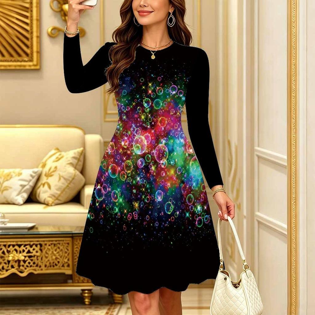 Women Long Sleeve Round Neck Midi Dress Vintage Watercolor Plum Blossom Branch Stripe Print Flared Casual Dress