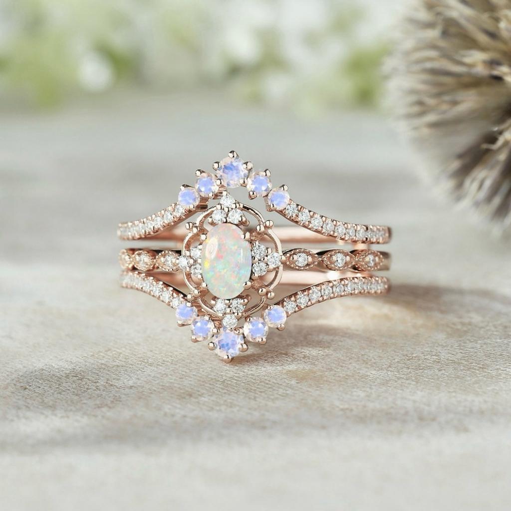 Luxury New European and American inlaid Opal ring, light luxury fashion two-piece ring, rose gold ring for women