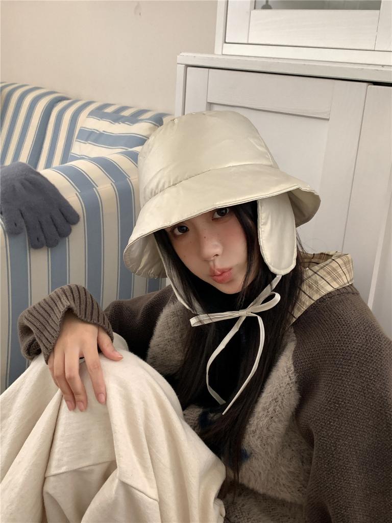 Autumn and Winter Bucket Hat Extended Ear Hat Winter Casual Versatile Lace-up Cycling Warm Thickened Basin Hat