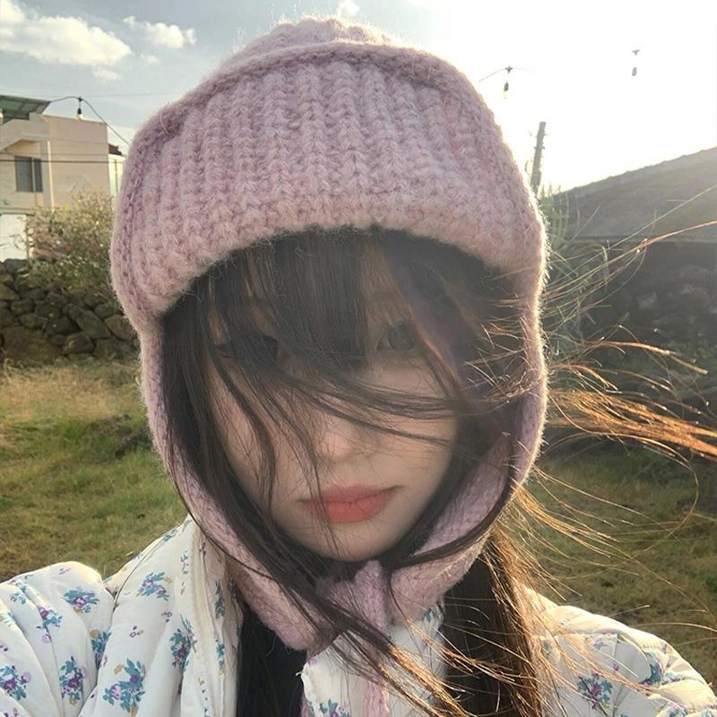 Autumn and Winter Extended Ear Protection Wool Hat, Female Cycling, Cycling Lace-up, Cold-proof and Warm, Showing the Face, Small Bag Head Knitted Hat