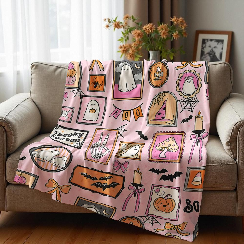 Pink Frame Spooky Anime Cartoon Flannel Blanket Soft Warm Throw for Bedroom Sofa Car Kids Holiday Gift