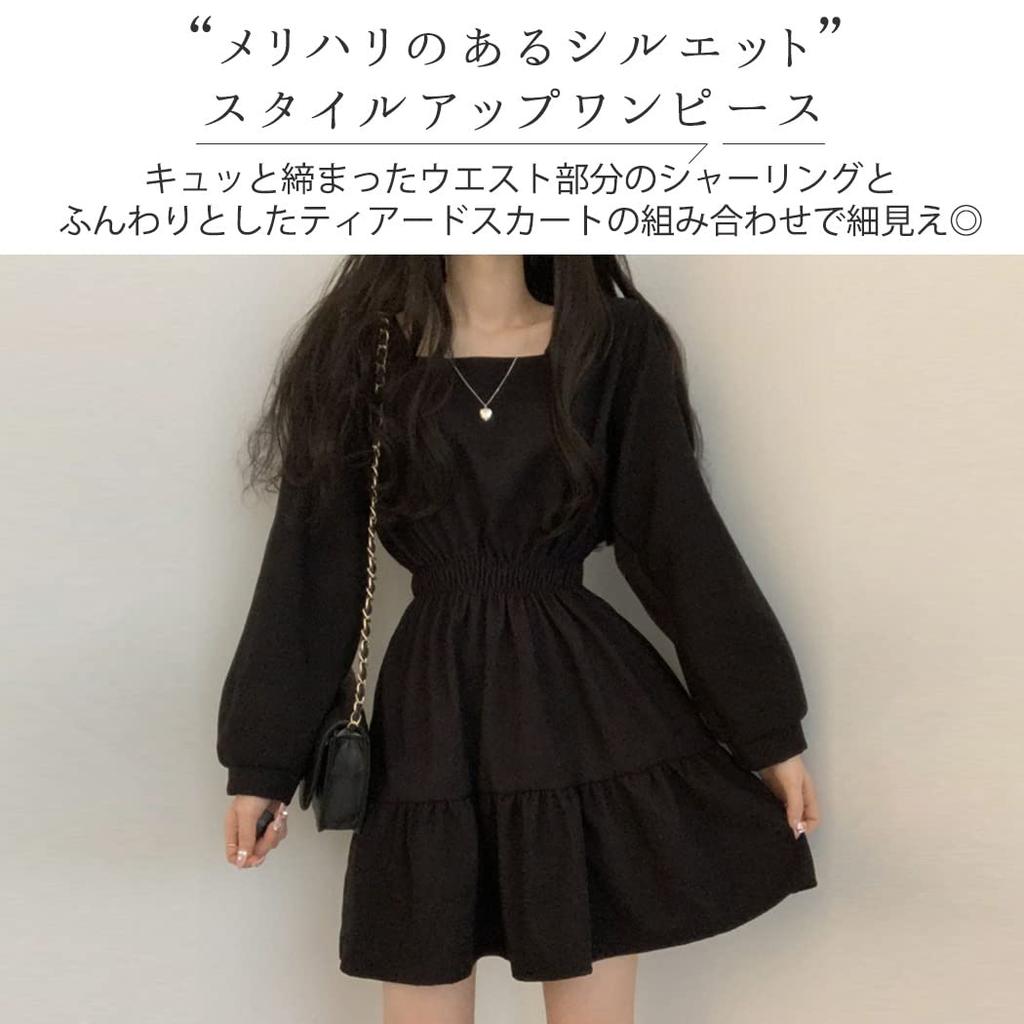 DAYCLOSET Mini Long Above the Puff tops1678 Dress, Sleeves, Knee, A-Line, Tiered, Flared, Sleeves, Mid-Weight, Spring/Autumn, (M, Black)