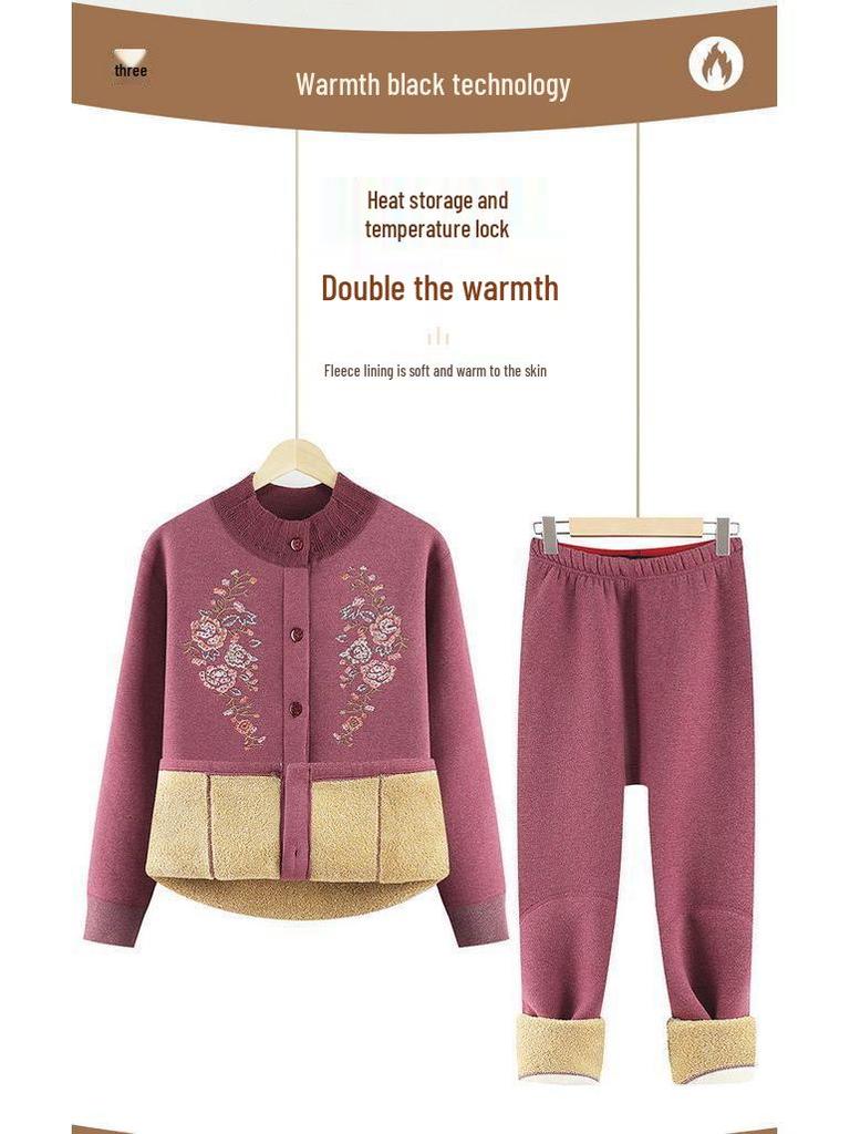 Women's Winter Fleece-Lined Cardigan and Sweater Set for Elderly