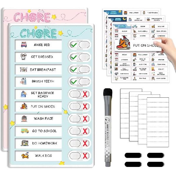 Upgraded Slider Morning/Bedtime Routine Chart for Kids Toddlers - Magnetic Kids Chore Chart for 2 Kids, Dry Erase Chore Chart for Kids, Visual