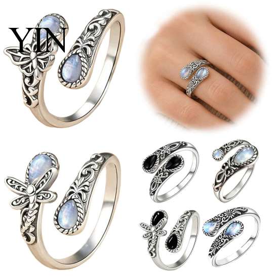 Couple Open Ring Vintage Faux Moonstone Ring, Waterdrop Fake Gemstone Adjustable Women Healing Stone Band Jewelry for Couple,