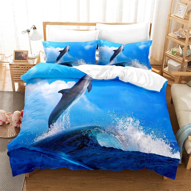 סט ציפית לשמיכה דולפין חמוד סט מצעים חיות אוקיינוס אופנתי כיסוי שמיכה למיטת קווין מבד פשתן סט מצעים לילדים בנים ובנות