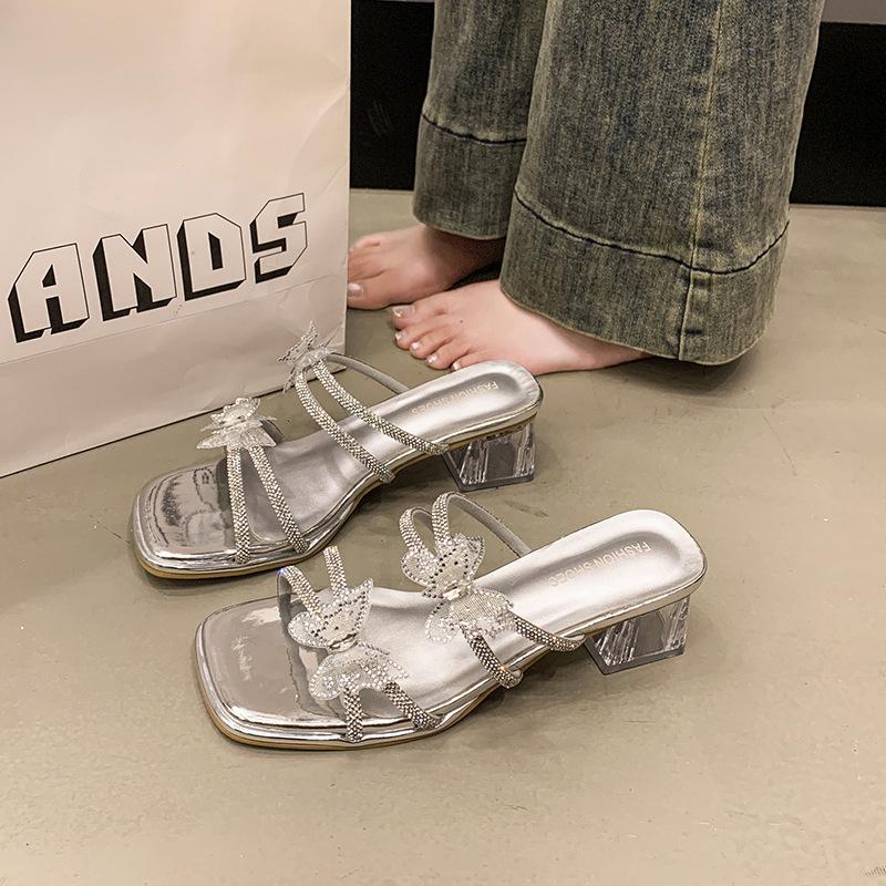 Französische Sandalen mit dickem Absatz Damen Sommerrock 2025 neu Schleife Strass hohe Absätze lässige Zehensandalen