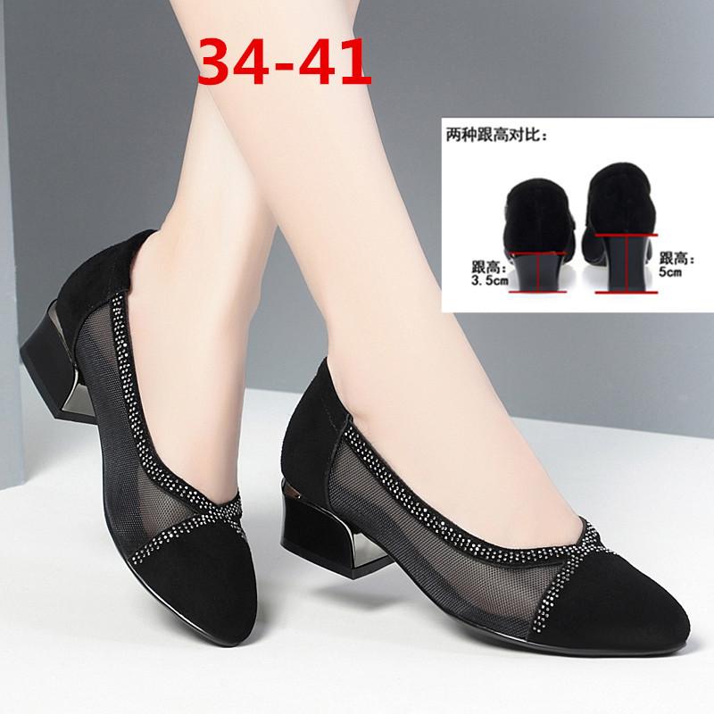 Rhinestone Mesh Women Shoes Classic 3.5/5.5cm High Quality Hollow Out Comfort Slip On Square Heel Shoes Lady Fashion Party Shoe