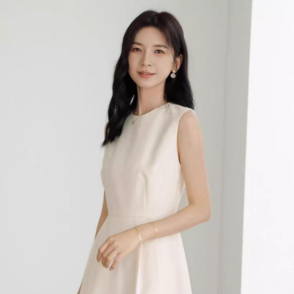 Pure Color Sleeveless A-Line Dress - High-End, Slim Waist, Round Neck Vest Style