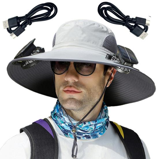 1 Set Outdoor Sun Hat with 2 Fan Large Brim Windproof Strap Solar or USB Charging Anti-UV Sun Protection Great Breathability Outdoor Fishing Camping