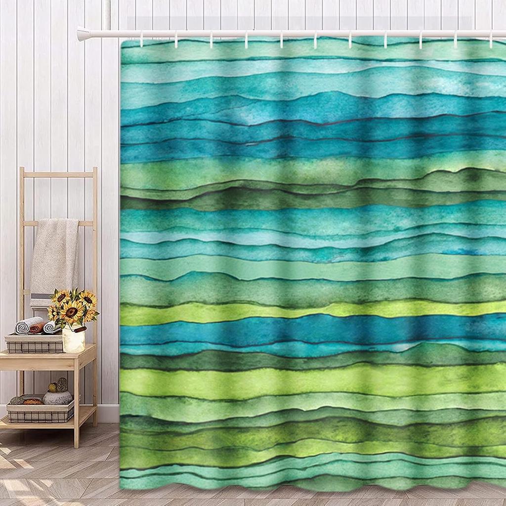 Shower Curtain Abstract Bright Blue and Green Waves Stripped Watercolor Brush Drawn Waterproof Polyester Fabric Set with
