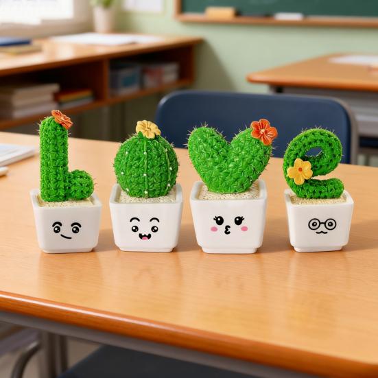 4Pcs/Set Mini Potted Cactus Ornament Cartoon Expression LOVE Shape Cactus Planter Pot Statue Figurine