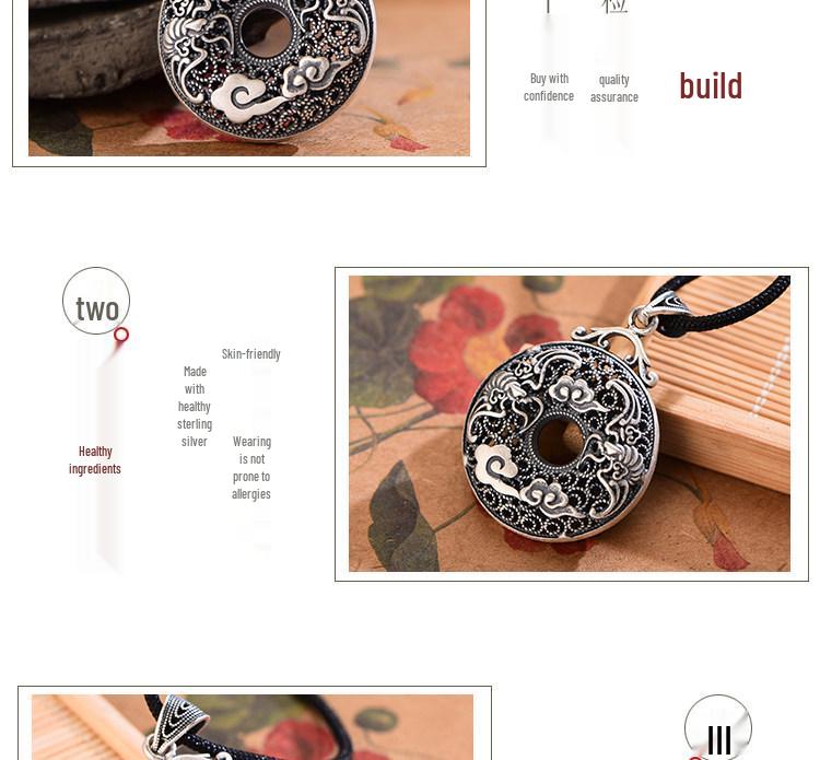 Sterling Silver S999 Unisex Auspicious Cloud & Bat Necklace - Retro Good Luck Peace Buckle Pendant.