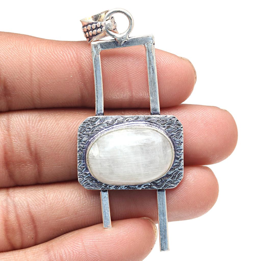 Pendant Moonstone Cabochon Gemstone Handmade Antique Silver Jewelry 2.75"