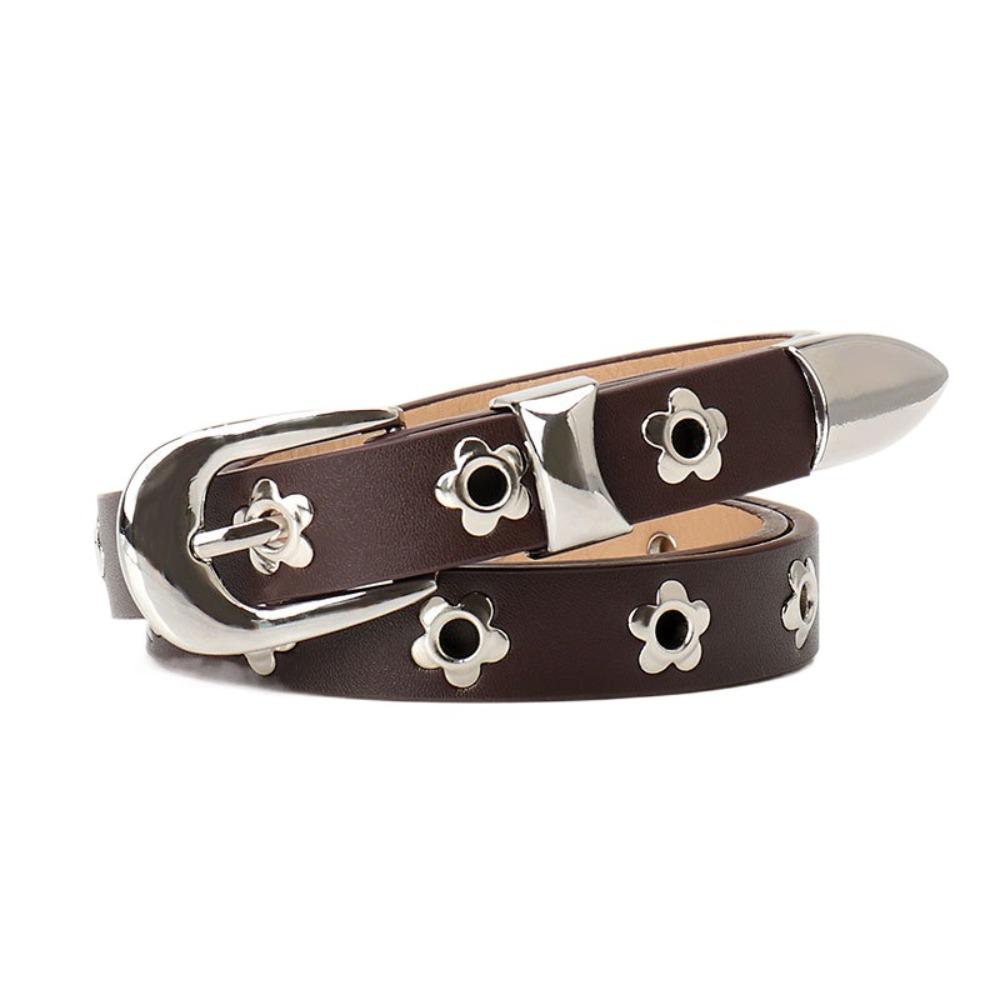 Punk Flower Rivet Belt Korean Style Thin Waist Strap Casual PU Leather Waistband  Girl