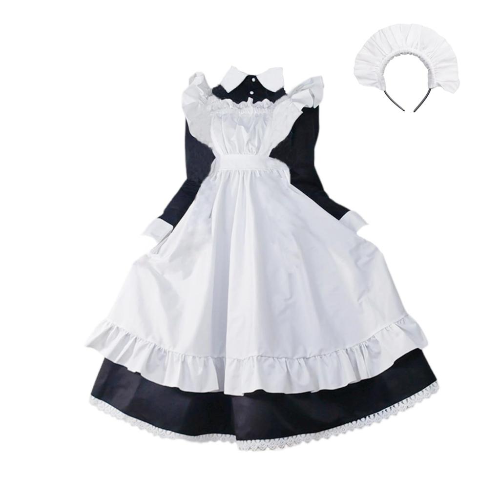 Lunari Hausmädchen Outfit Lang und Lolita Cosplay Größe M 3-teiliges Set, Ärmel, Kleid, Schürze, Haarband, Kostüm, (M)