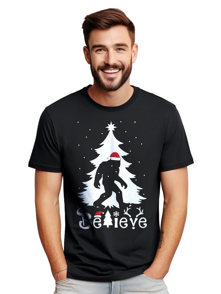 Believe Bigfoot Christmas T-Shirt Mens Womens Tees Top - Funny and Festive! Funny T-Shirt Mens Womens Tees Top, Unisex Pri