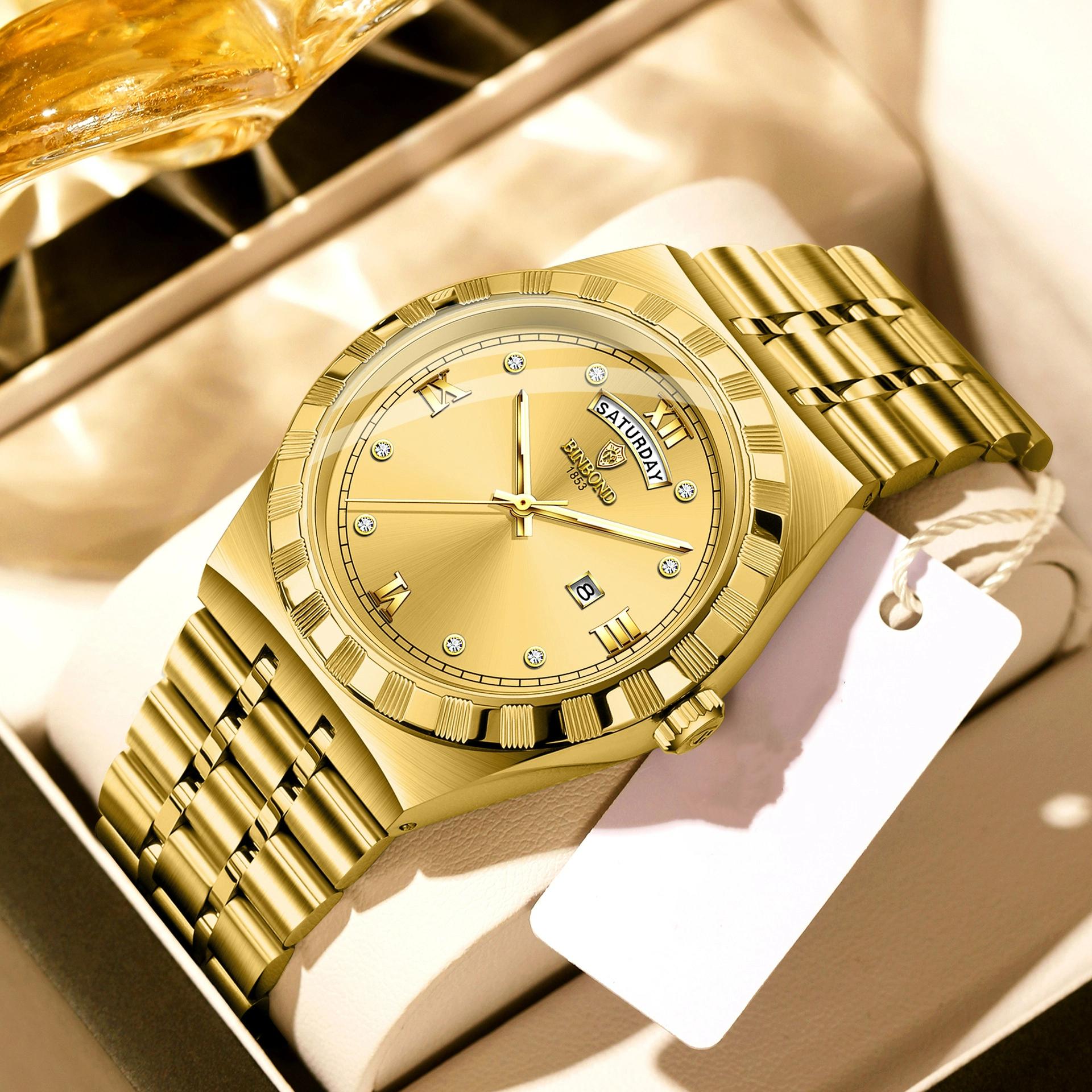 

BINBOND New Fashion Men s Watch Quartz Men s Week Date Watch Waterproof Night Light Stainless Steel Men s Watch золотой