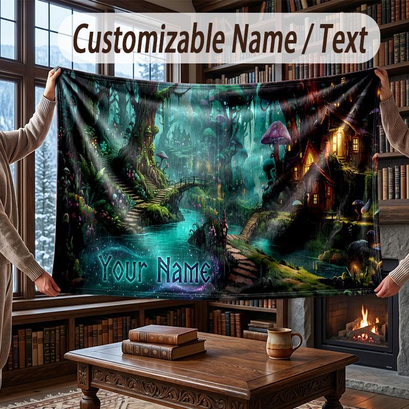 Mushroom Forest Theme Throw Blanket Custom Name Text Personalized Blanket Soft Cozy Blanket for Home Sofa Bed