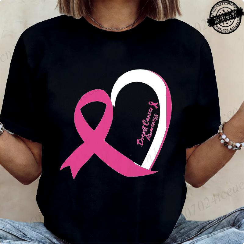 T-shirt a maniche corte da donna Maglietta Consapevolezza Cancro al Seno Nastro Rosa Maglietta con Stampa Abbigliamento Donna T Shirt Harajuku