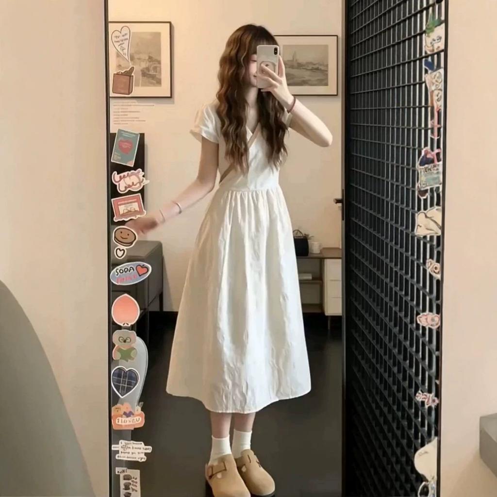 French White V-neck Dress Children's Summer New Popular Beautiful Waist Pinched Beautiful Non-collision Long Dress