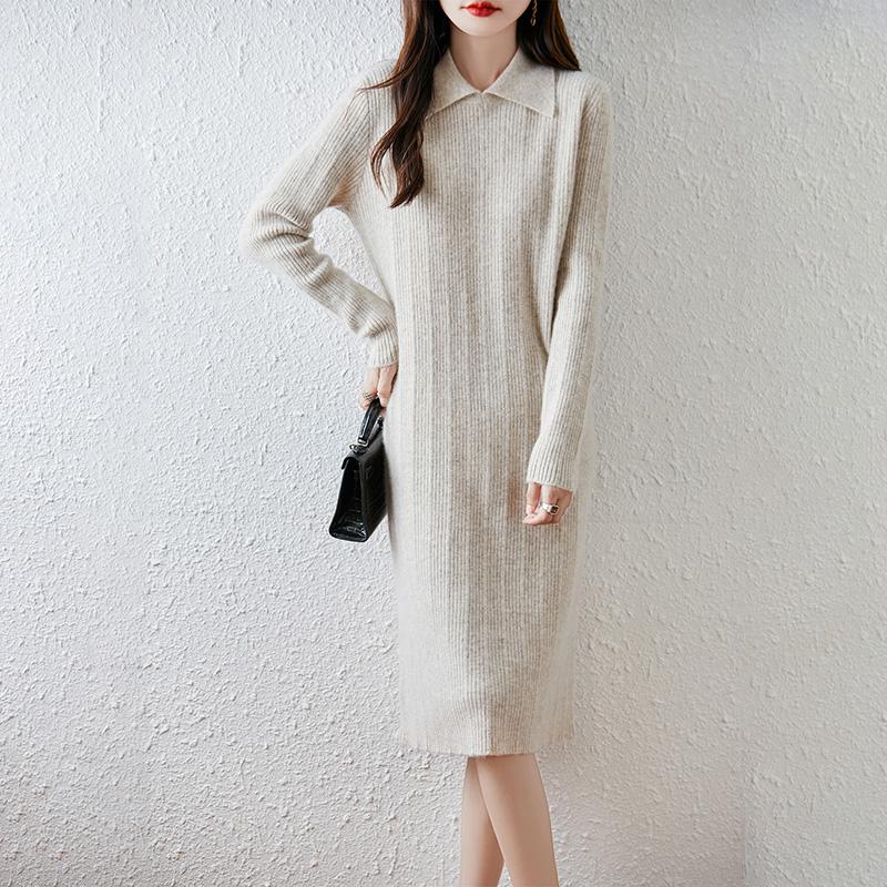 Women Sweater Dress 100% Wool MODERN NEW SAGA Turn-down Collar Knit Long Pullover Winter Jumpers Wool Long Dress Female