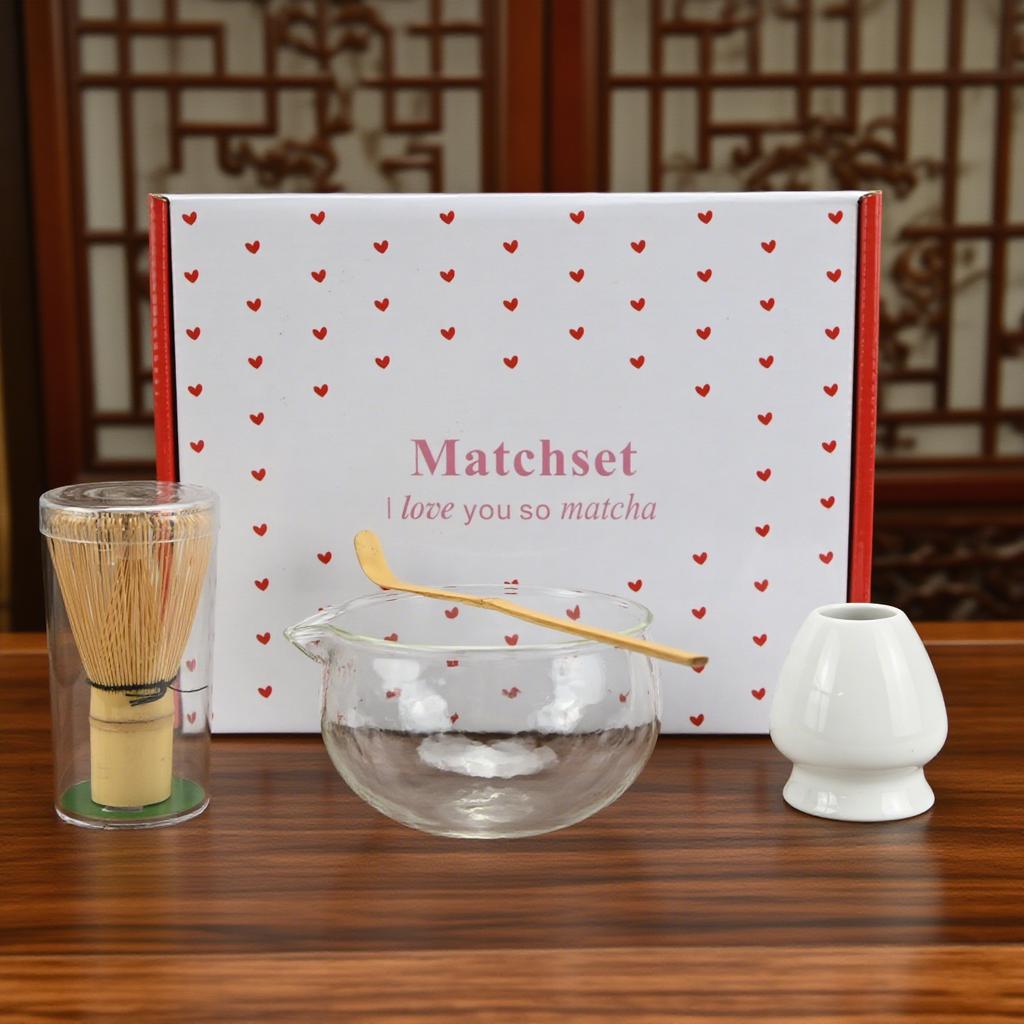 4PCS/Set Japanese-style Matcha Glass Bowl , Spoon, Tea Whisk, Perfect Gift For Ceremony, Traditional Decoration