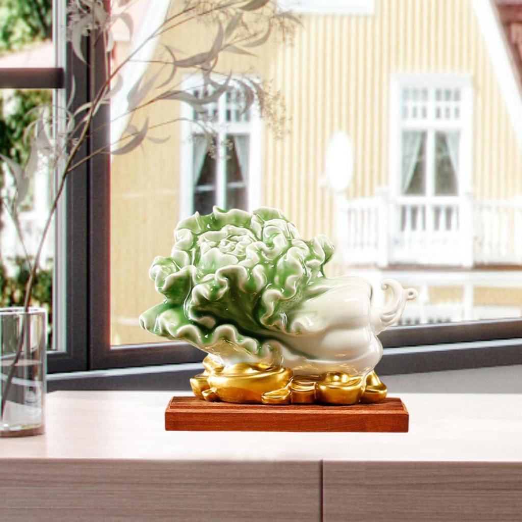 Keramik Glückskohl Skulptur Multifunktional für Büro- und Heimpräsentation Handgefertigt Traditioneller Holzständer Tischdekoration