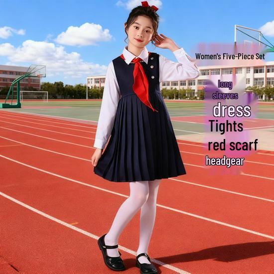 Children's Patriotic Choir Costumes - Boys & Girls Blue Outfits with Red Scarf for Recitation Competitions