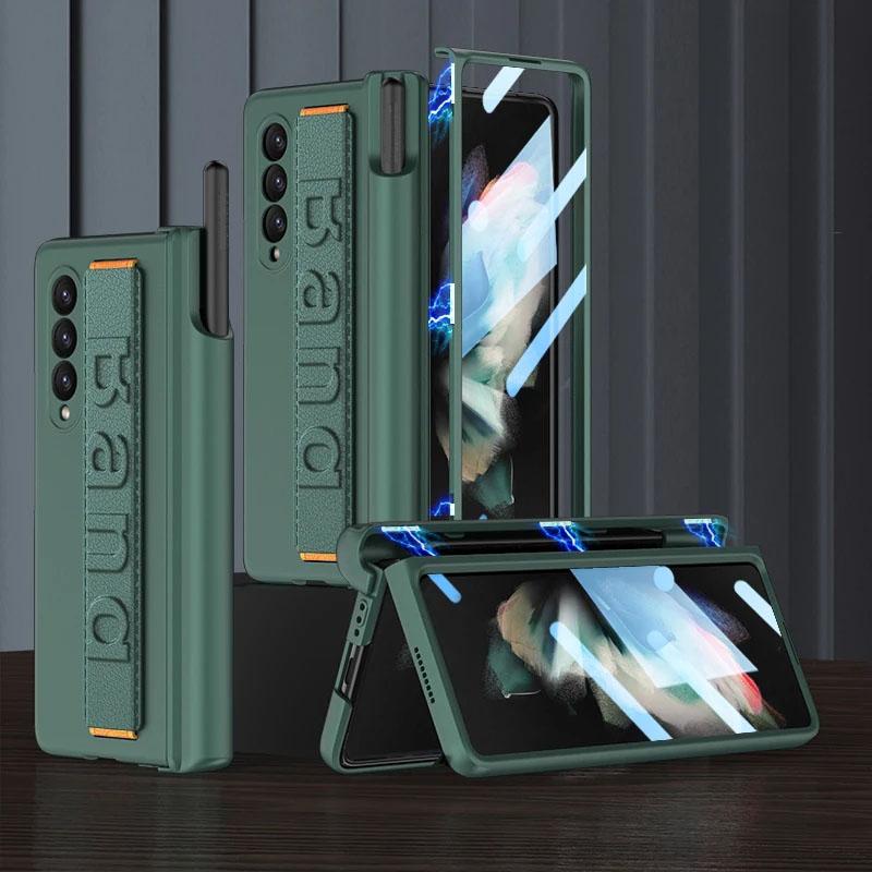 With Wrist Strap Pen Holder Case for Samsung Galaxy Z Fold 7 6 5 4 Cover with Screen Glass Pen Slot Hard for Galaxy Z Fold3 Case
