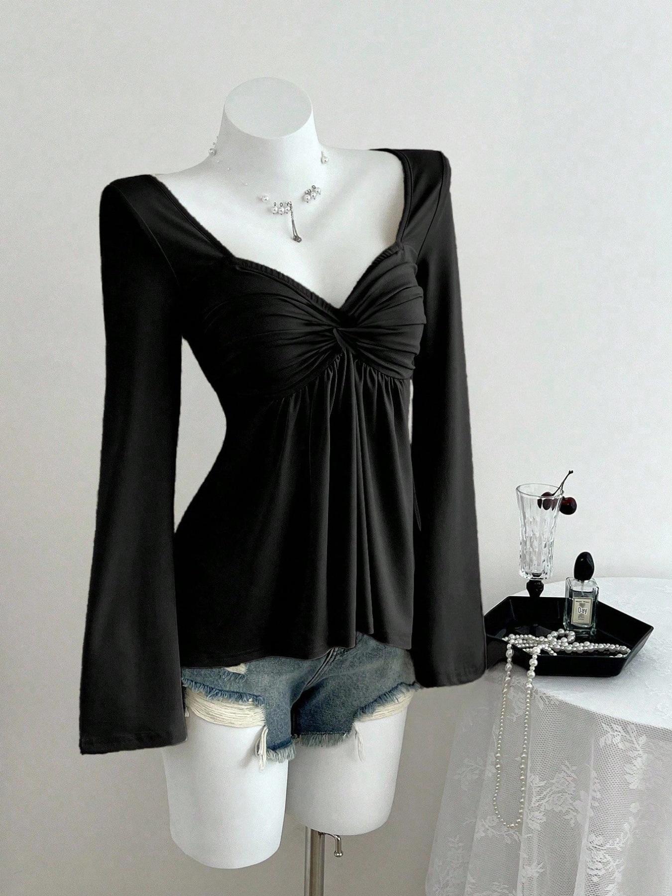 

Elegant V-neck Long Sleeve Pleated Women s Casual T-shirt for Autumn/Winter XXL чорний