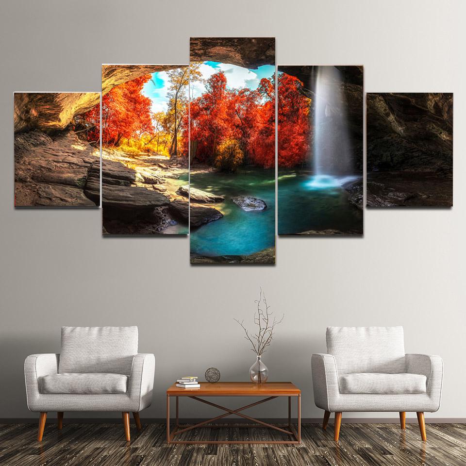 5 Panels Landscape Moonlight Waterfall In Autumn Forest Canvas Painting Posters and Prints Wall Art Pictures Home Decor No Frame