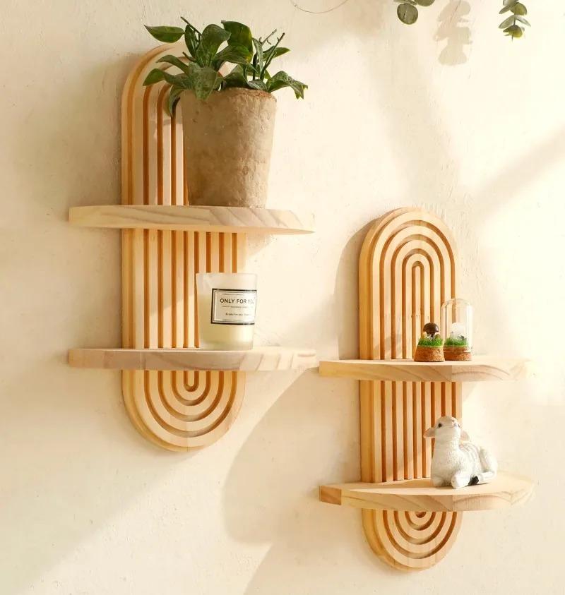 Wooden Wall-Mounted Storage Rack, Bohemian Style Display Rack, Modern Home Decoration, Living Room And Bathroom Decoration