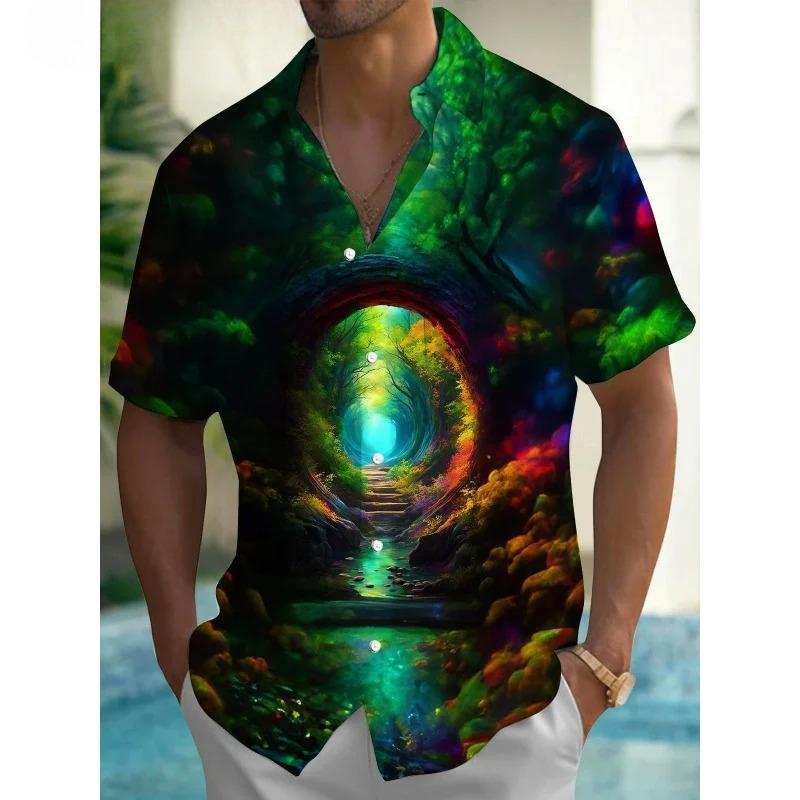 Dreamy Village Pattern Lapel Shirt for Men Flower Bird Boat 3D Printed Hawaiian Shirts Fashion Short Sleeve Tops Button Blouse