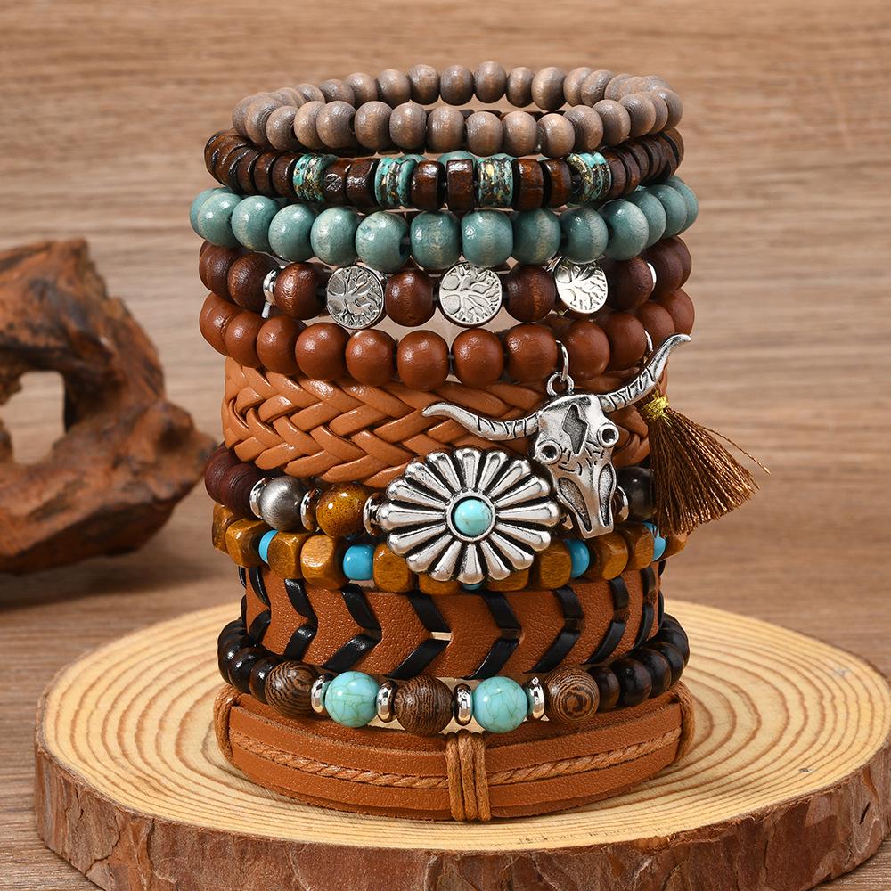 

Европейский и американский ретро набор мужских браслетов из 11 штук с головой быка и Древом жизни, многослойные, на эластичной веревке, ручной работы