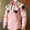 Men's Luxury Gold Thread Lotus Embroidery Long Sleeved Shirt with Satin Texture, Lapel Button, Casual Formal Shirt