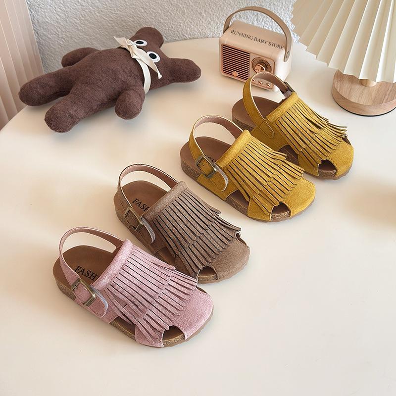 Summer Peep Toe Tassel Children Shoes Girls Sandals Soft Bottom Flat Heel Buckle Girl's Shoes Back Strape Slingbacks Shoe I05285