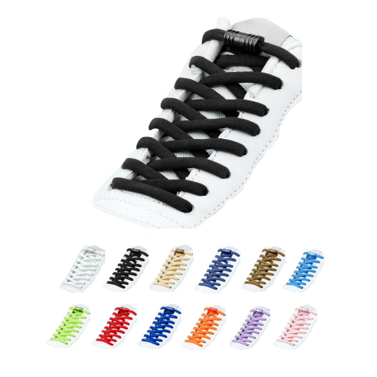

UPBEATLIFE Shoelaces Rubber Fasteners No Tie One Pair Non-Undoable Easy Installation Stretchable Kids Low Cut High Sneakers Color Options Plain