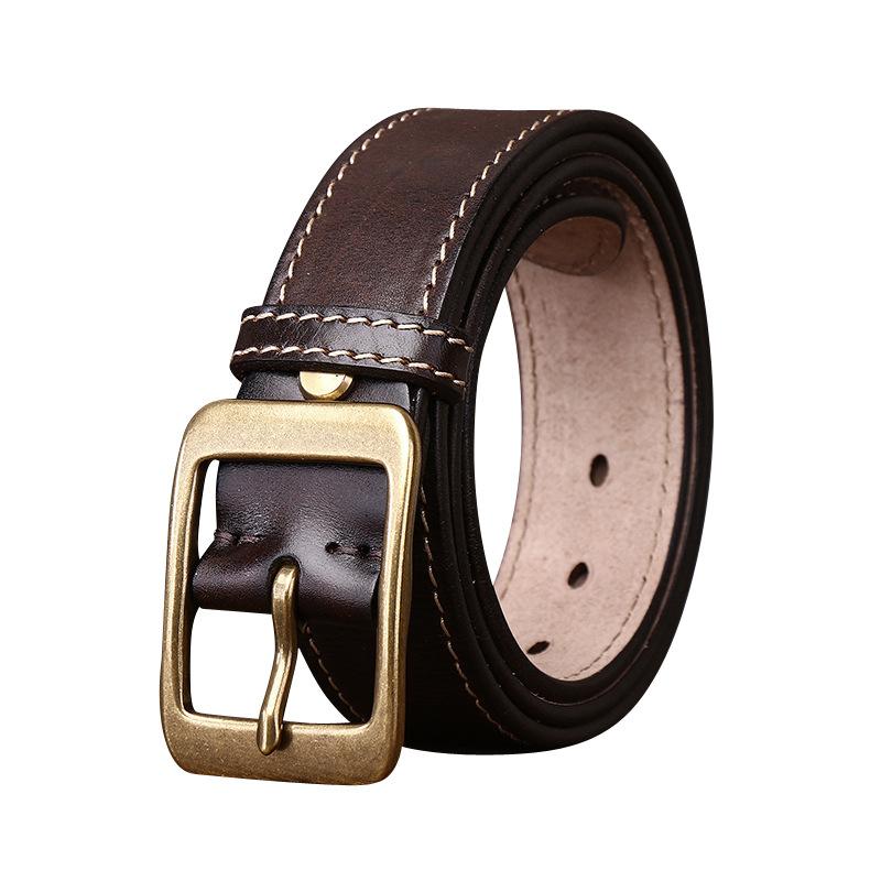 Handmade Retro Thick Thread Decoration Thickened First Layer Vegetable Tanned Leather Belt Men'S Genuine Leather Pin Buckle Versatile Casual Belt Men'
