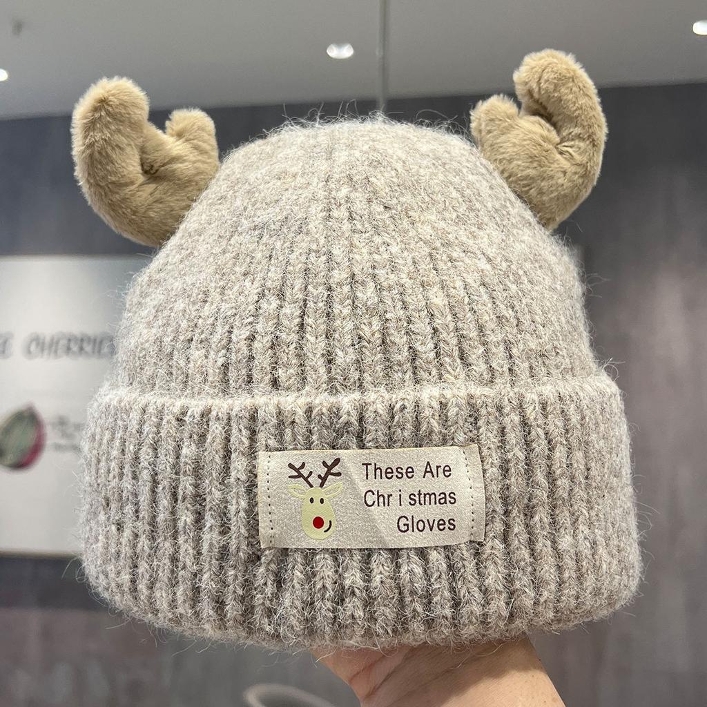 Sweet and cute antler patch letter knitted wool hat women's autumn and winter double-layer thickened cold-proof and warm bald hat