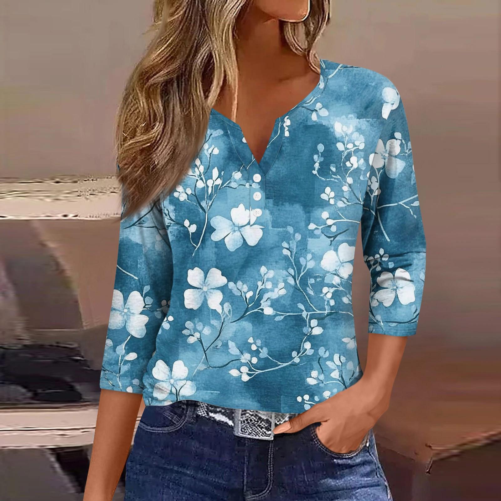 

Женский свободный повседневный топ с цветочным принтом и V-образным вырезом с рукавами семь четвертей Топ с V-образным вырезом и рукавами семь четвертей M