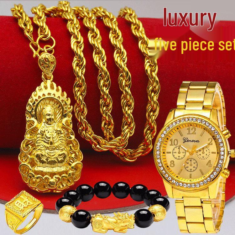 Unique Vietnam-Inspired Gold Necklace & Non-Fading Gold Watch Set for Men