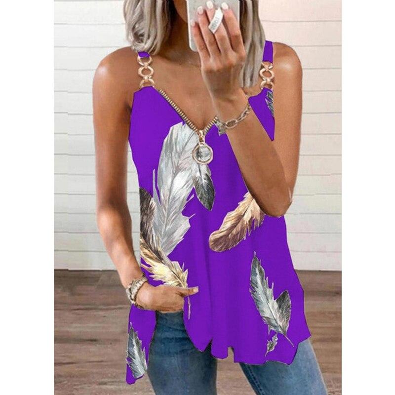 2023 Fashion Sleeveless Leaf Print Blouse For Woman V Neck Zipper Loose Shirts Elegant Casual Stylish Tops Summer Blusas 26506