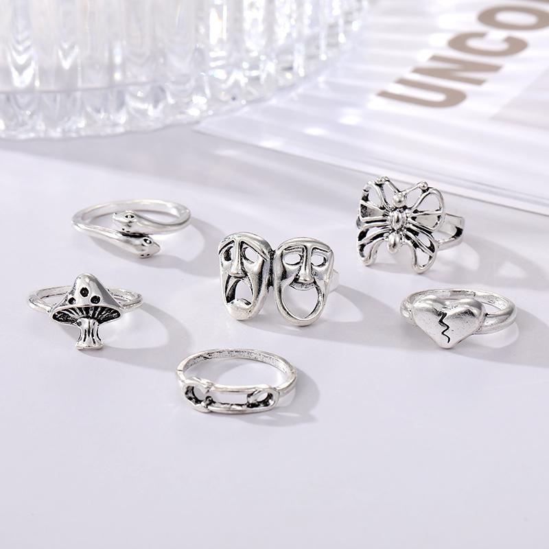 6pcs / Set Vintage Silver Women's Knuckle Ring Heart Ring Set Party Bohemian Jewelry